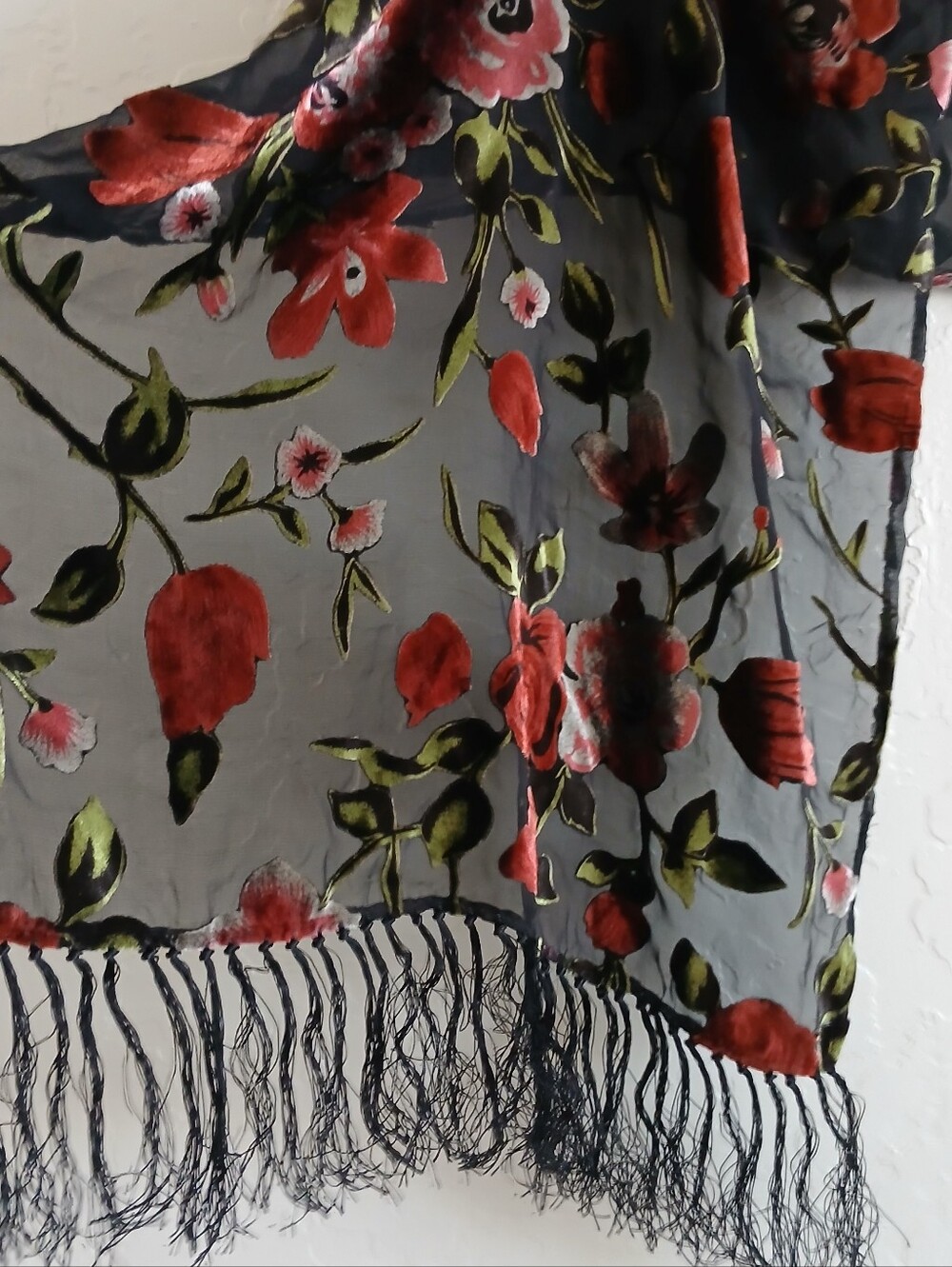 100% SILK Velvet Burnout Roses Knotted Fringe Rectangle Piano Shawl Sheer Wrap - Picture 1 of 9